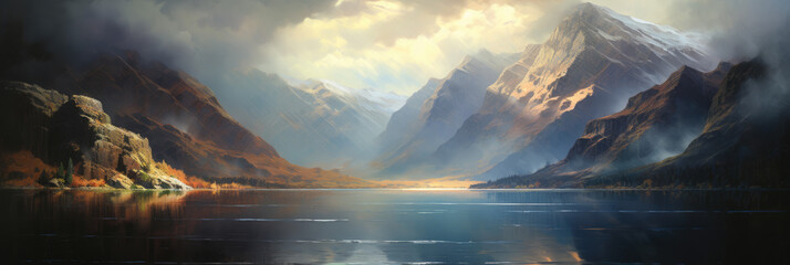 Lake, forest and mountains. Panoramic view. Digital art. - obrazy, fototapety, plakaty
