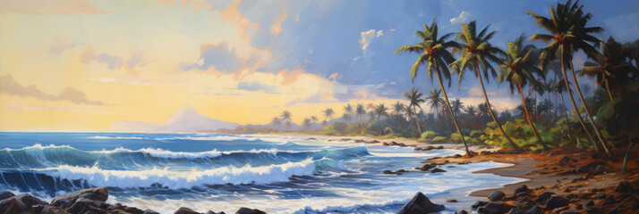 Fototapeta na wymiar Seashore. Palm trees and the sea. Panoramic view. Digital art.
