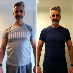 Male body before and after weight loss on home interior background. Health care and diet concept - obrazy, fototapety, plakaty