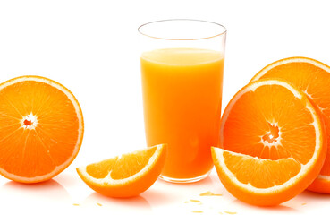 Sliced oranges and a glass with orange juice on white background