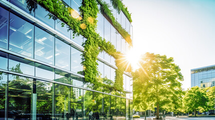 Modern business building exterior facade with biophilic design with garden with greenery, plants and trees. New developed estate on sunny summer day. Concept of eco friendly green city. Copy space