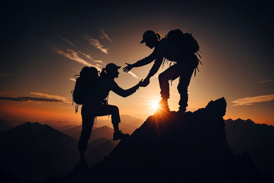 Supportive Hiker Silhouettes, Scaling the Mountain Together, AI Generated