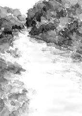 川の流れる紅葉した森の中の水墨画風水彩イラスト モノトーン 景色素材