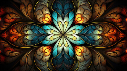 Symmetrical pattern in stained-glass window style. Blue, brown, and yellow palette. Computer-generated graphics. 