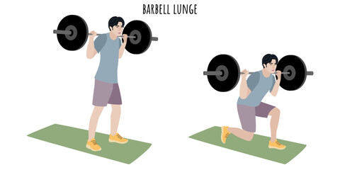 Asian young man doing barbell lunge exercise