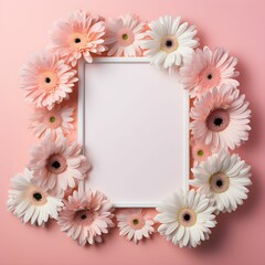White blank frame surrounded by white and pastel pink daisies, on a pastel pink background. 