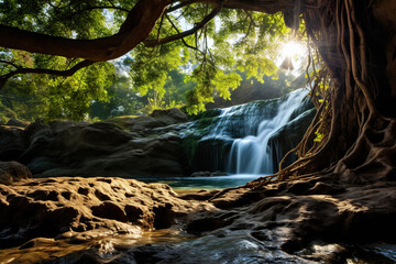 Waterfall in deep forest at Erawan Waterfall National Park, Kanchanaburi, Thailand, 
