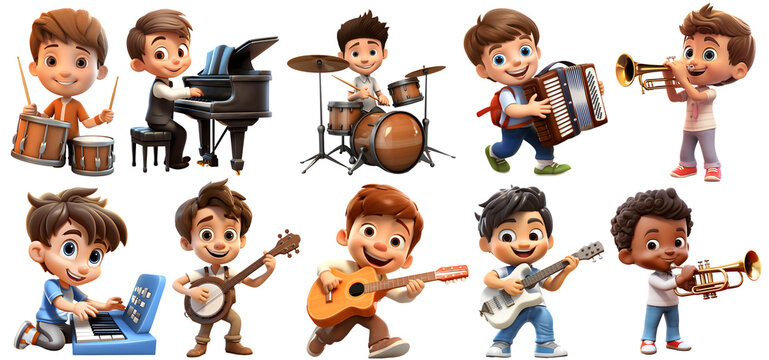 set of 3d cute Boys plays an instruments, PNG on isolated transparent background, generated ai