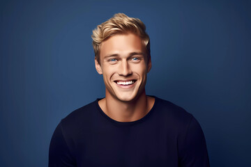 Fototapeta premium Dashing Blond Man with Blue Eyes in Navy Outfit Against a Solid Navy Backdrop