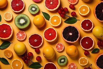 Seamless pattern with citrus fruits on yellow background. Watercolor illustration