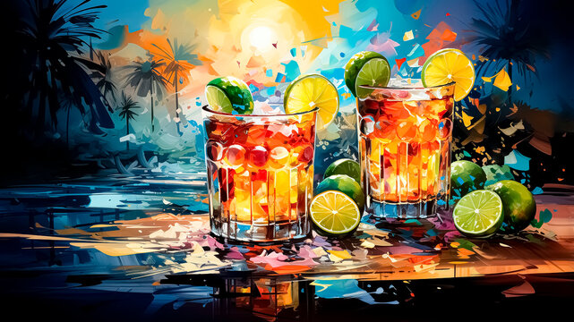 Tequila sunrise cocktail with lime and ice on tropical background. Abstract watercolor painting. Refreshing drink concept.