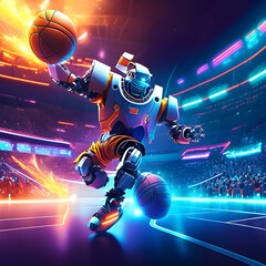 A robot is playing basketball in the arena. 