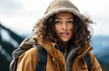 Portrait of a multiethnic woman hiker in winter
