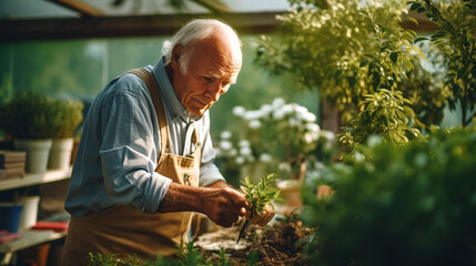 Senior Man Cultivating Plants in a Sunlit Greenhouse