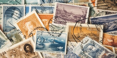 Naklejka premium close up of a collection of vintage postage stamps, generative AI