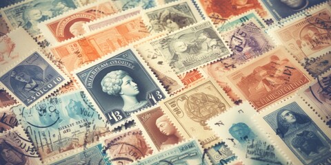 Fototapeta premium close up of a collection of vintage postage stamps, generative AI