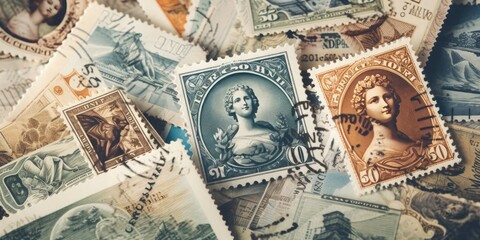 close up of a collection of vintage postage stamps, generative AI - obrazy, fototapety, plakaty