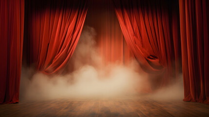 stage with red curtains and fog