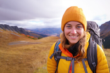 Fototapeta na wymiar Nature lover woman smiling in jacket and backpack hiking up mountain
