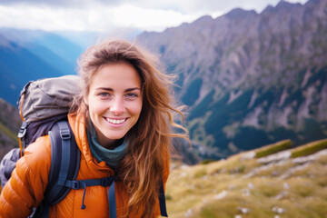 Naklejka premium Nature lover woman smiling in jacket and backpack hiking up mountain