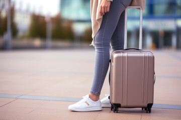 A woman stands next to a gray suitcase at the airport, travel concept