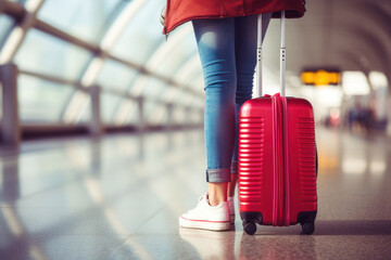 A woman stands next to a red suitcase at the airport, travel concept - obrazy, fototapety, plakaty