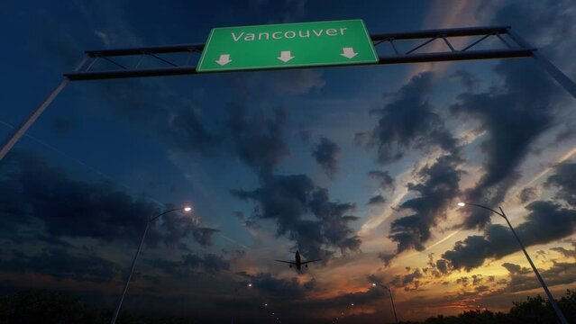 Vancouver City Road Sign - Airplane Arriving To Vancouver Airport Travelling To Canada