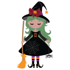 Cute Halloween witch girl with a broom and spider vector cartoon illustration