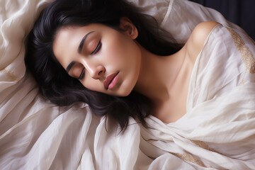 Indian Woman sleeping with closed eyes in comfortable bed