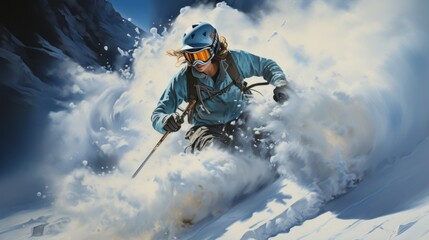 A woman skier navigating a steep descent snow spraying
