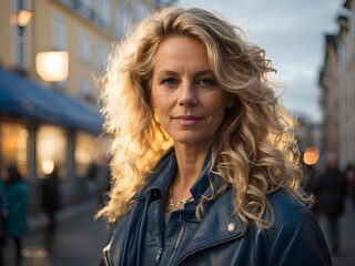 Fototapeta na wymiar wide angle and full body portrait of attractive mature swedish female with long curly blonde hair and blue eyes, wearing blue Leather Jacket during late autumn sunset. Generative Ai.