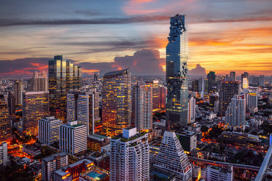 highest Building in bangkok city with sunset sky in silom district area