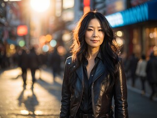 Fototapeta premium wide angle and full body portrait of attractive mature Japanese female with long curly black hair wearing black Leather Jacket during late autumn sunset. Generative Ai.