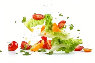 Falling vegetables salad of bell pepper and tomato on white background isolated