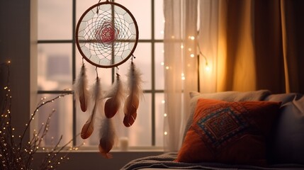 Dream catcher hanging on light wall in bedroom4k, high detailed, full ultra HD, High resolution