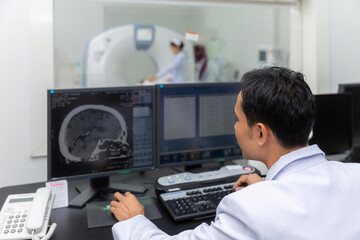 Fototapeta na wymiar Asian woman patient check up her body by ct scan machine