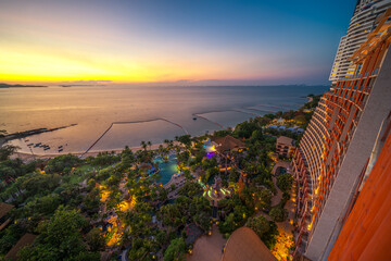 Cityscape of pattaya beach and city from hotel rooftop