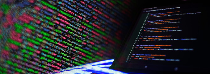 Technology background. Computer script. Programming code abstract screen of software developer.