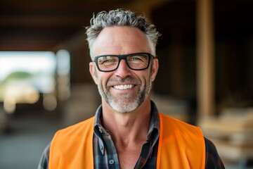 Portrait of smiling mature man in vest and glasses at construction site