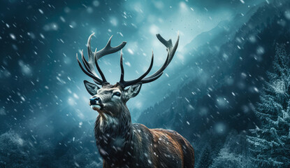 Deer, pompous powerful animal with horns in the forest on snow during winter snowy days.