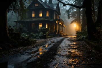 Scary house in the woods, house prepared for Halloween
