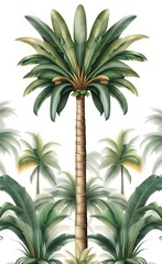 Tropical vintage botanical palm trees, banana tree floral seamless border white background. Exotic jungle wallpaper, Generative AI 