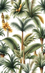 Tropical vintage botanical palm trees, banana tree floral seamless border white background. Exotic jungle wallpaper, Generative AI 