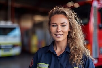 Portrait of smiling firewoman standing in front of firetruck