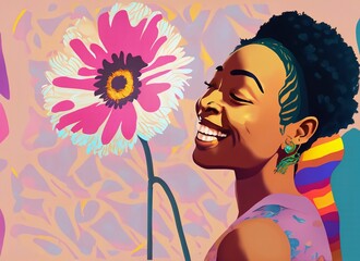 Woman's face, smiling, happy, colorful clothes and flowers
