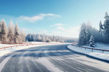Asphalt road going through the forest at winter