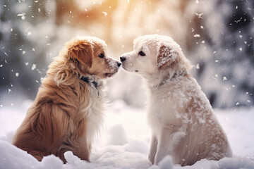 Two puppies in a winter forest