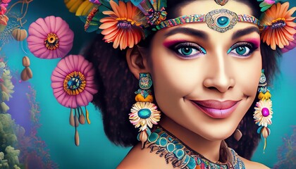 woman face, smiling, happy, brightly colored clothes and flowers in her hair.