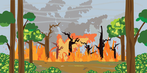Wildfire burning in natural disaster concept danger poster background.