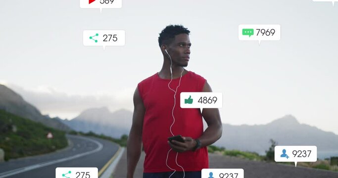 Animation of notification bars over african american athlete standing and listening to music